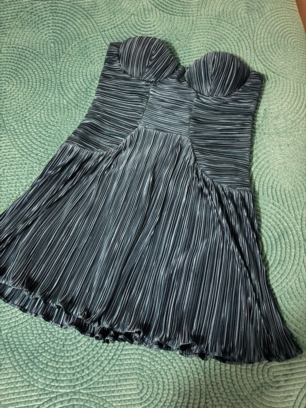 Lulu's Strapless Pleated Evening Dress in Teal Blue